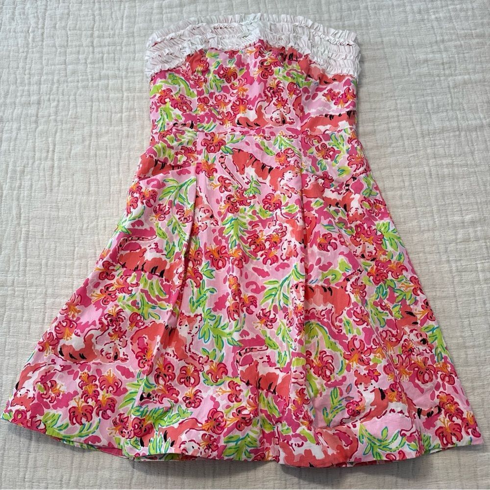 Lilly Pulitzer Pink & Green Call Me Kitty Cat Ferra Strapless Dress Womens 2